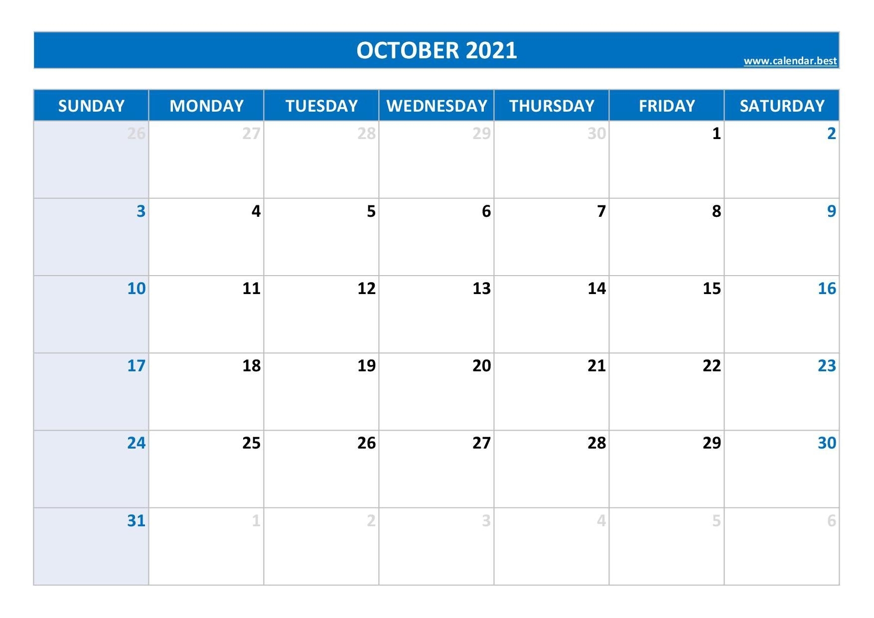 October 2021 Calendar -Calendar.best