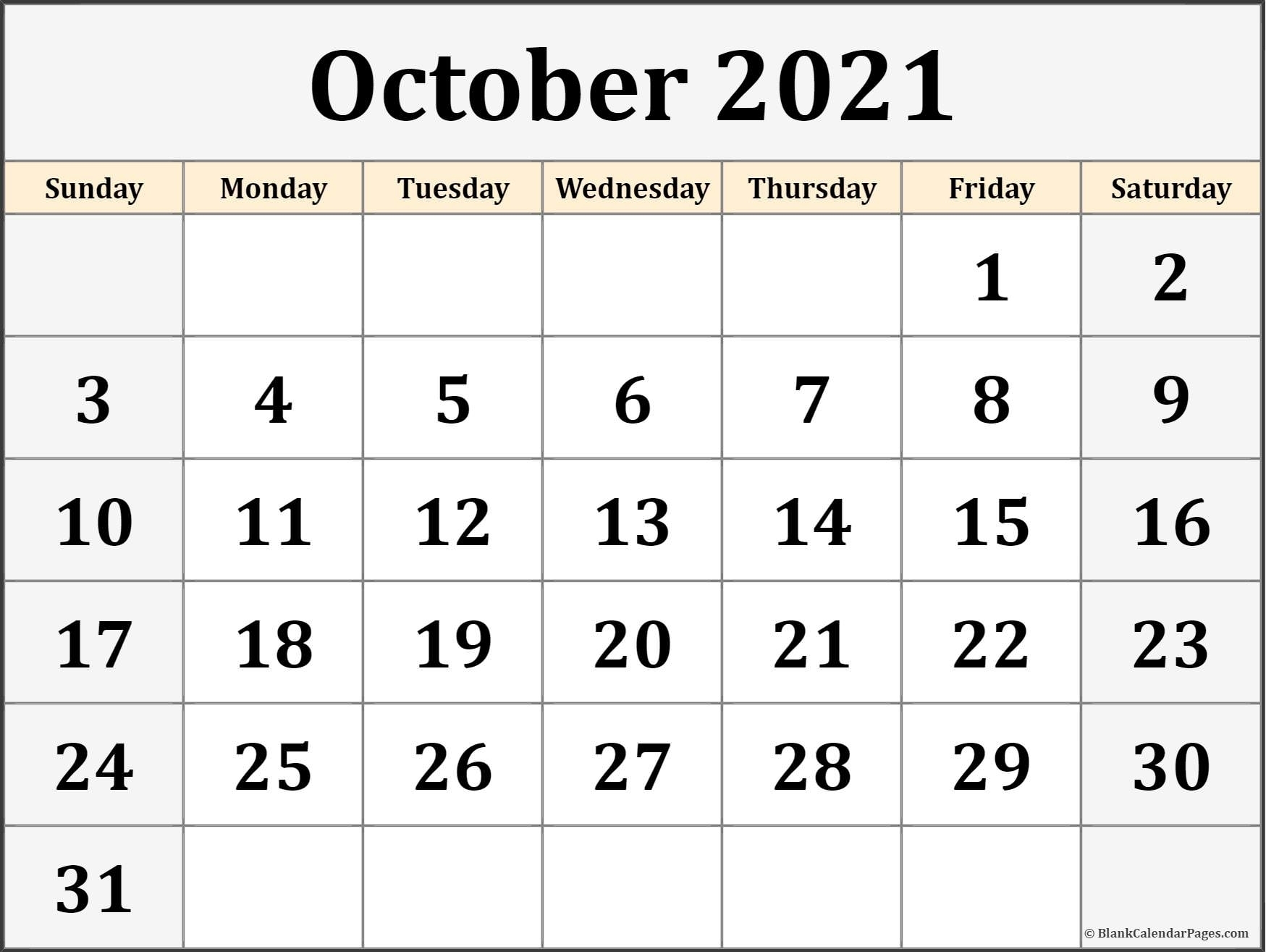 October 2021 Calendar | Free Printable Calendar Templates