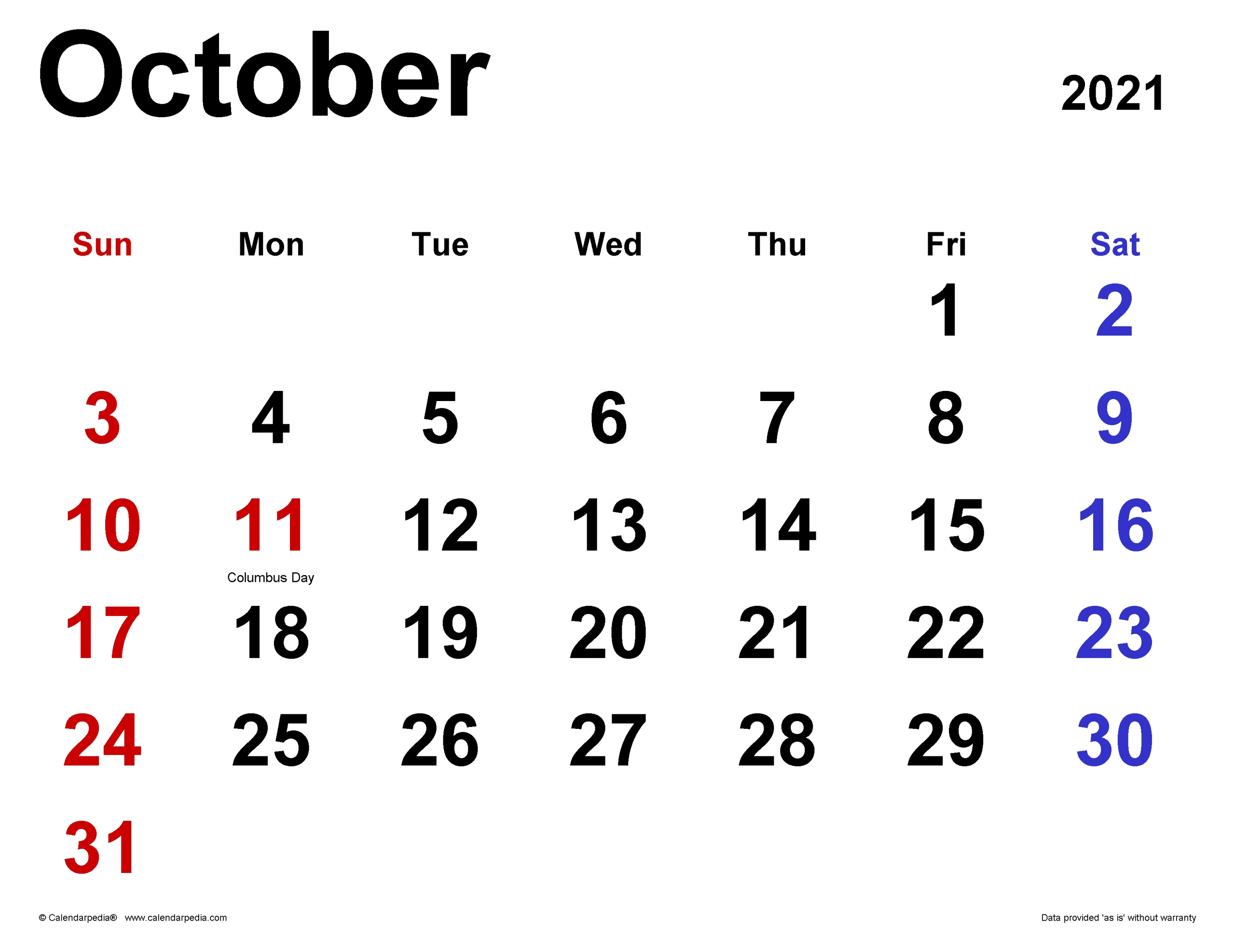 October 2021 Calendar | Templates For Word, Excel And Pdf