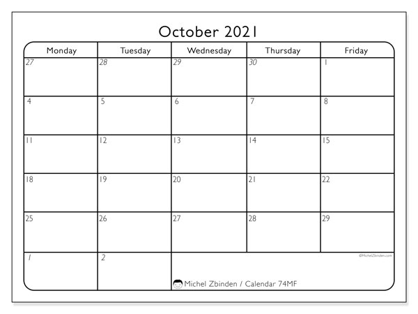 October 2021 Calendars &quot;Monday - Sunday&quot; - Michel Zbinden En