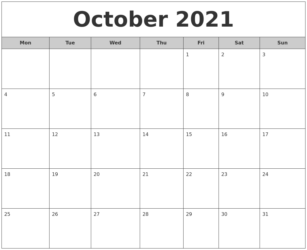 October 2021 Free Monthly Calendar