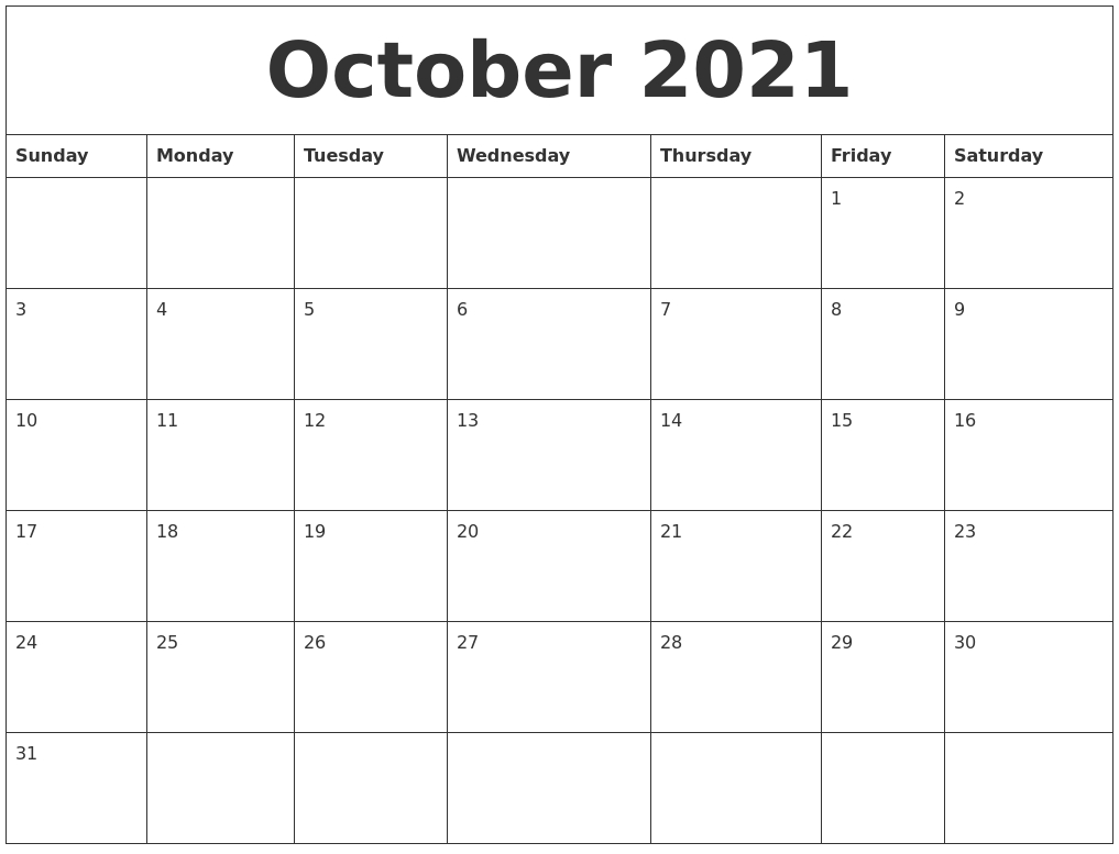 October 2021 Free Printable Monthly Calendar