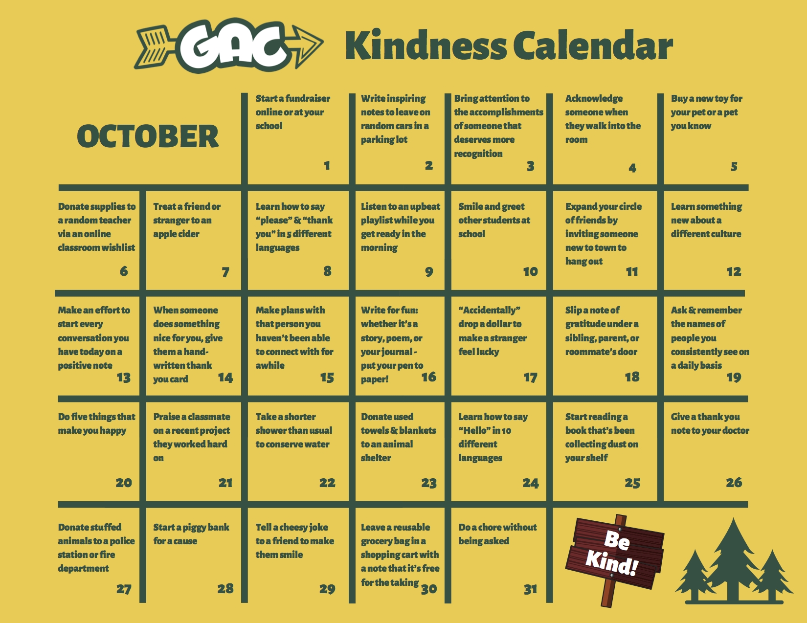 October Kindness Calendar - Gold Arrow Camp - California