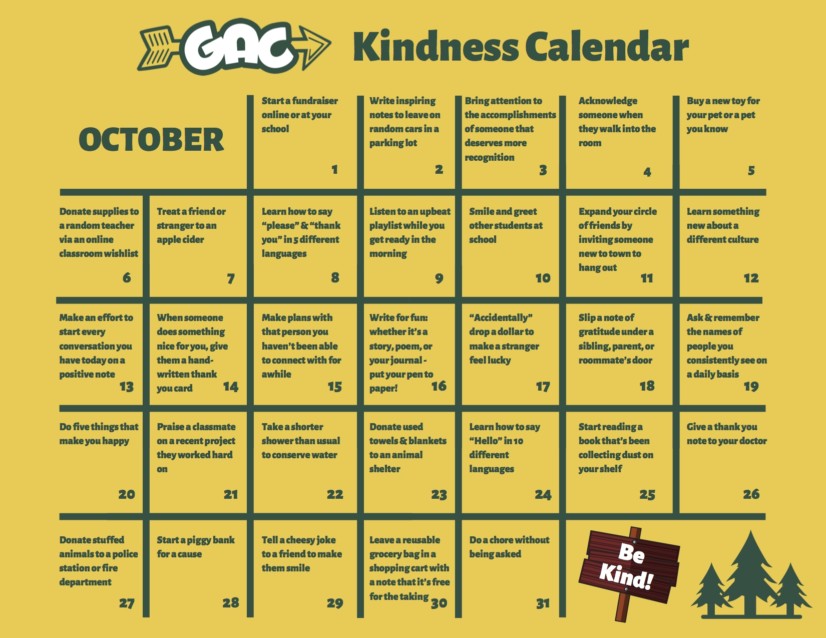 Kindness Calendar 2021 For Kids Month Calendar Printable