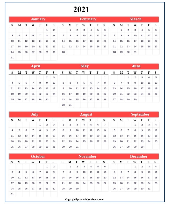 One Page Calendar 2021 [Free Printable Template