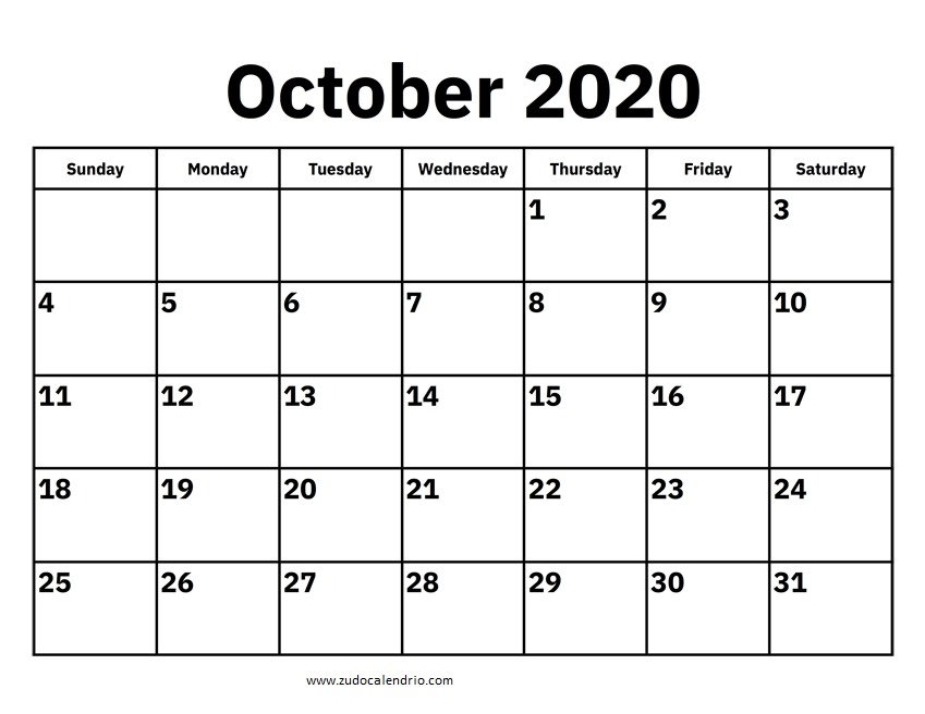 Online Calendar October 2020 | Zudocalendrio