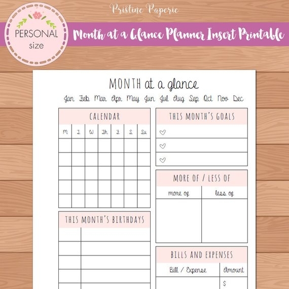 Personal Month At A Glance Monthly Planner Insert