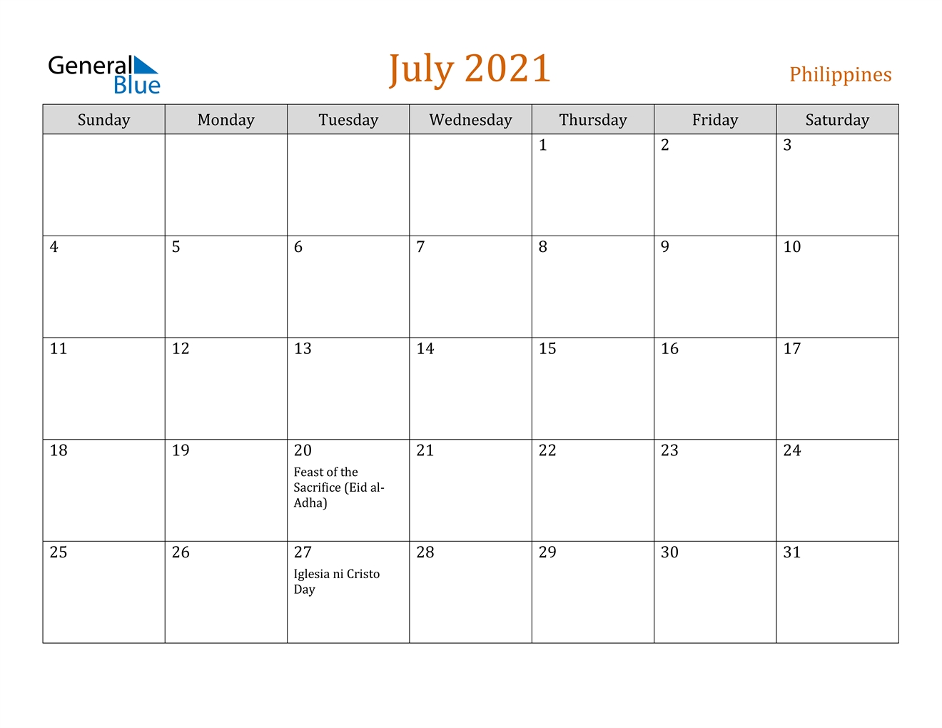 Philippines July 2021 Calendar With Holidays