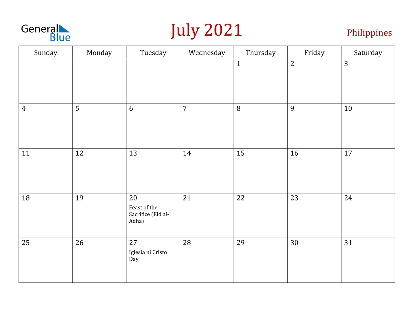 Philippines July 2021 Calendar With Holidays