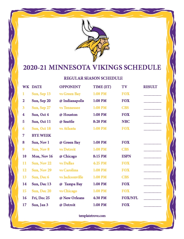 Printable 2020-2021 Minnesota Vikings Schedule