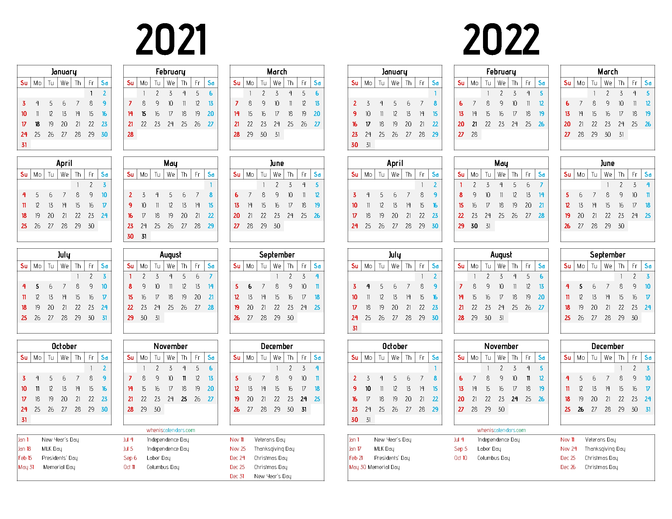 Printable 2021 And 2022 Calendar Two Year