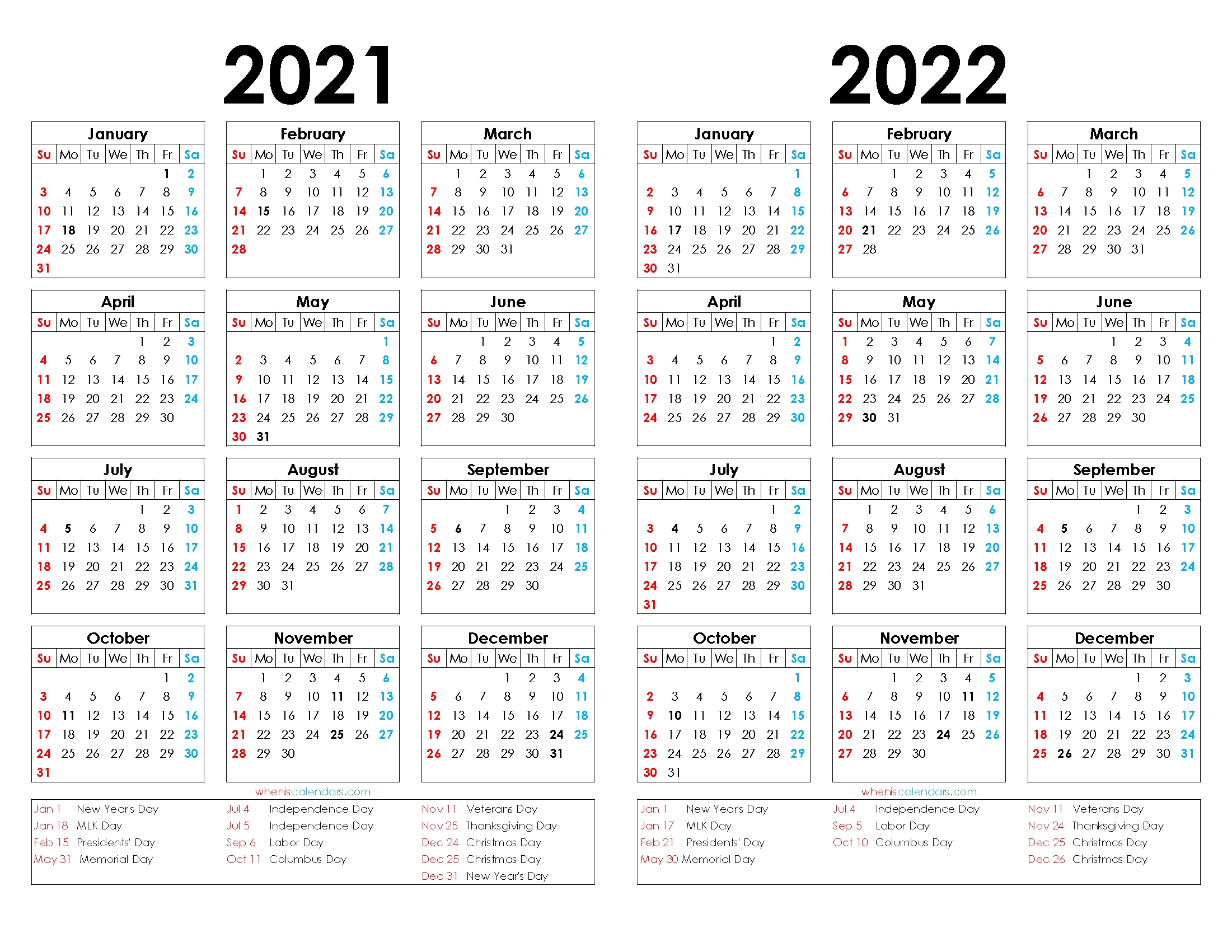 Printable 2021 And 2022 Calendar With Holidays