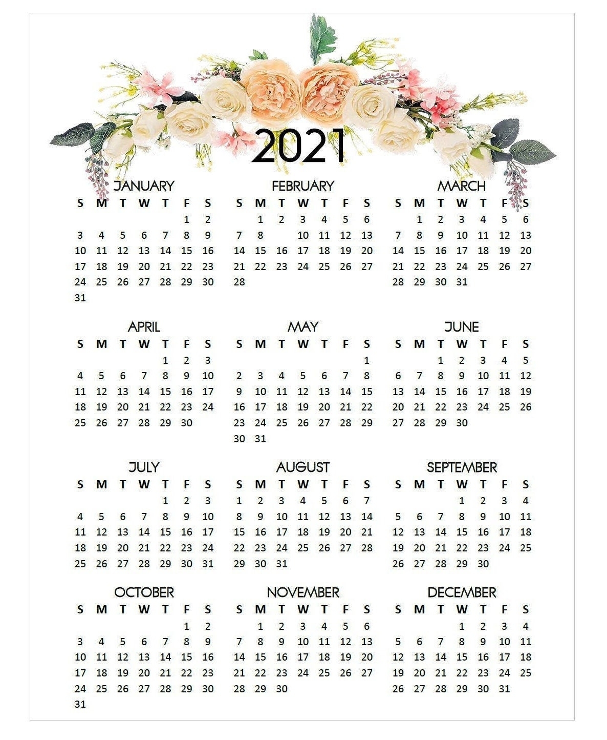 Printable 2021 Calendar Year At A Glance With Floral