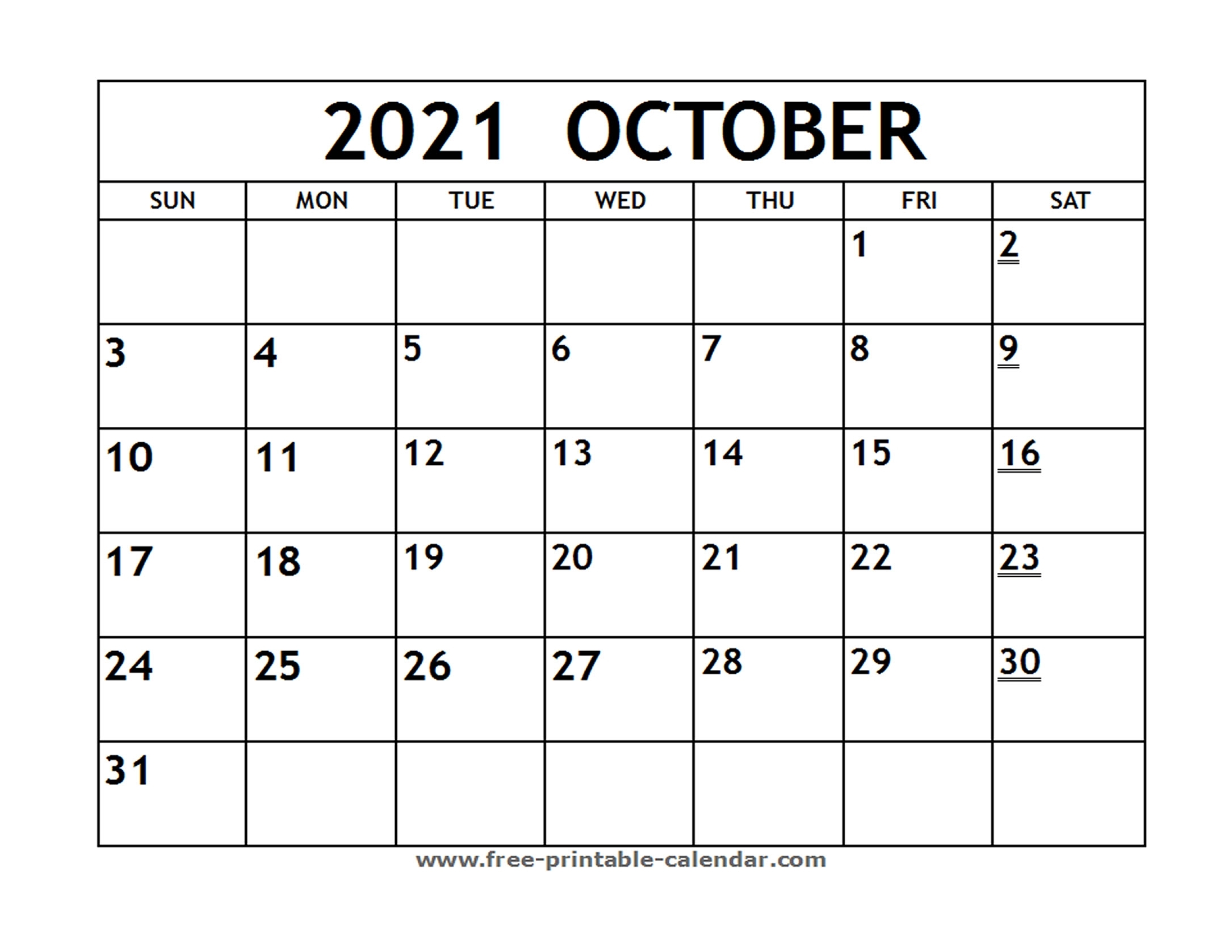 Printable 2021 October Calendar - Free-Printable-Calendar