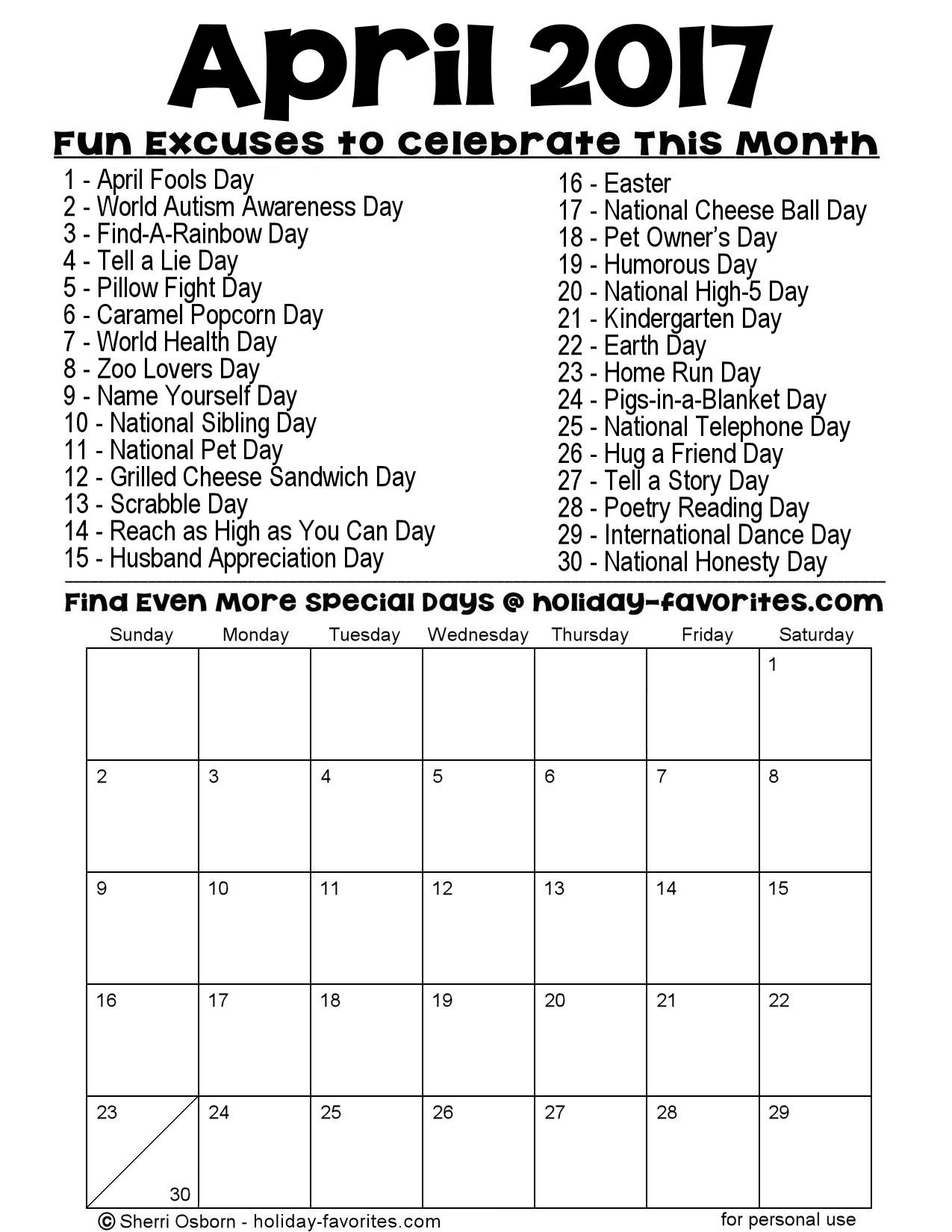 Printable April 2017 Calendars | Holiday Favorites
