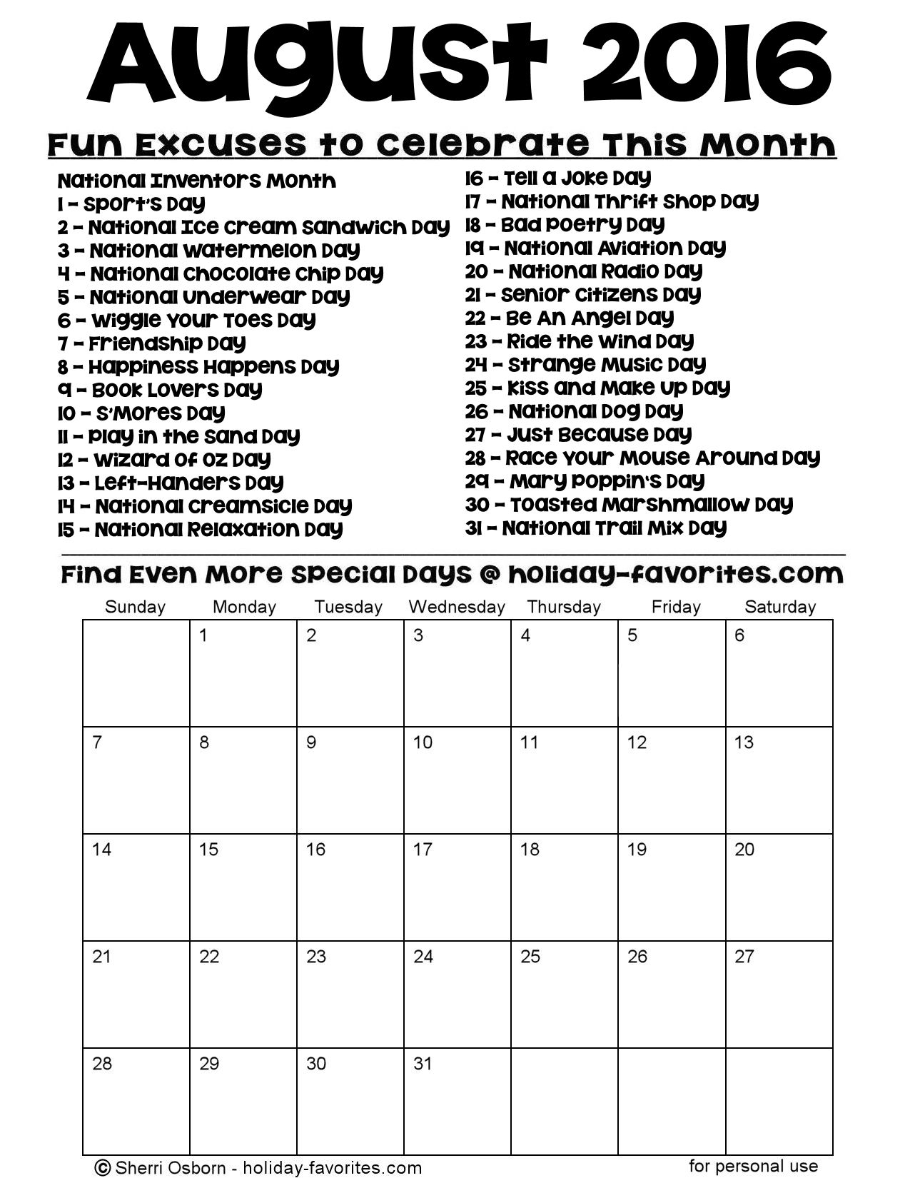 Printable August 2015 Calendars | Holiday Favorites