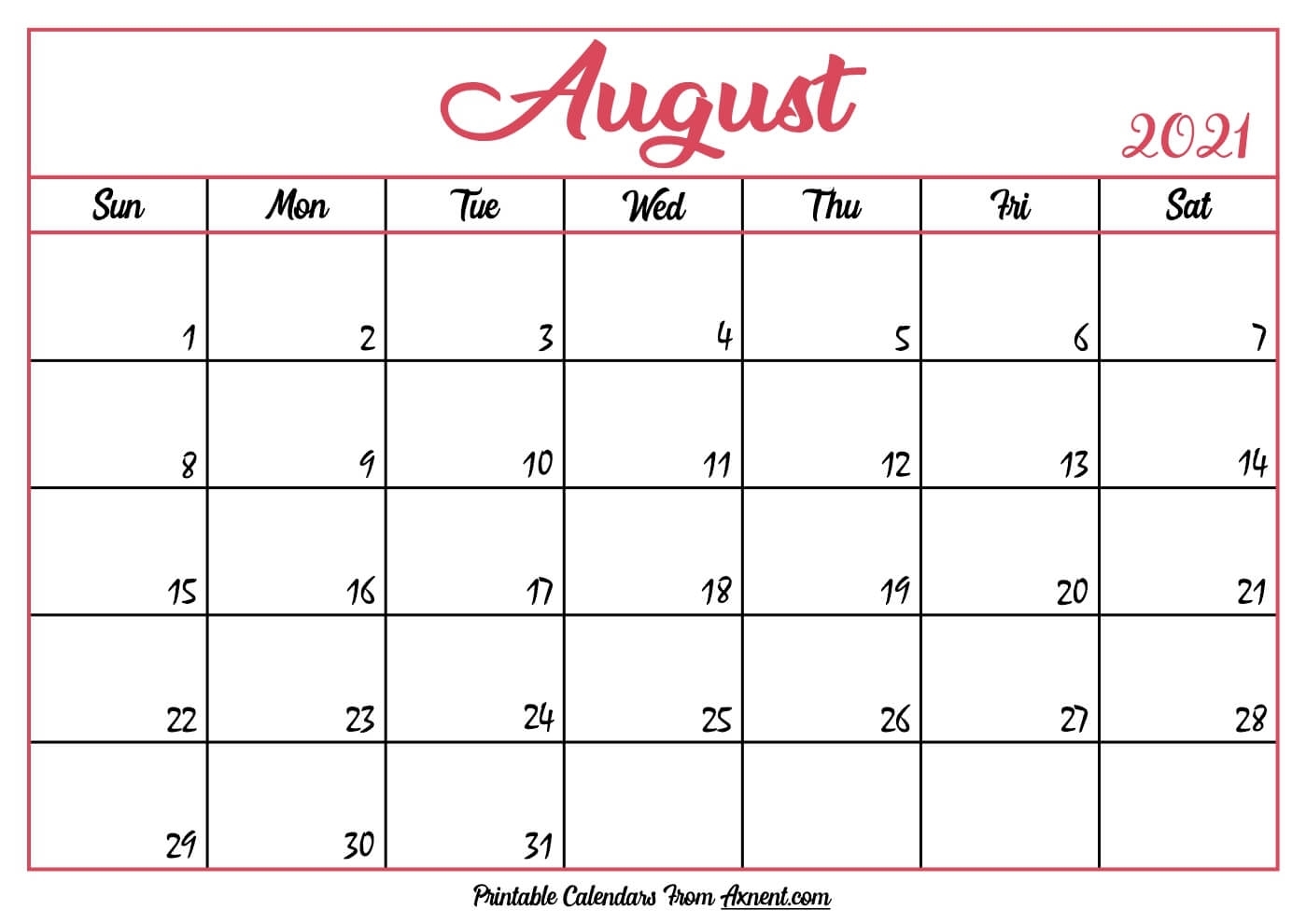Printable August 2021 Calendar Template - Print Now