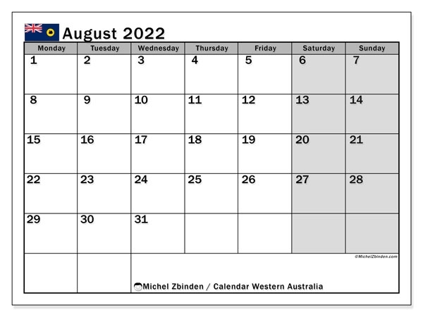 Printable August 2022 &quot;Western Australia&quot; Calendar
