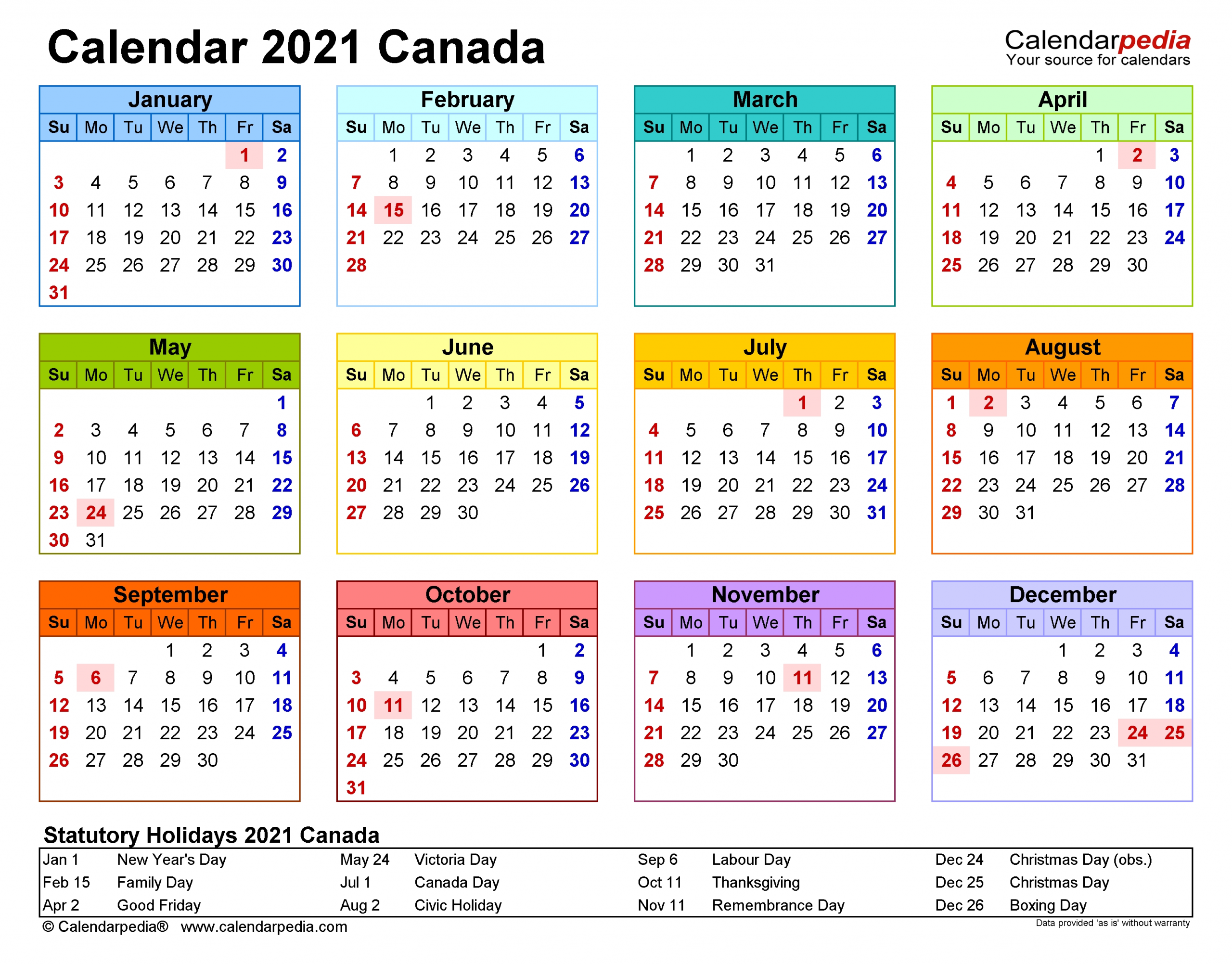 Printable Calendar 2021 Canada | 2021 Printable Calendars