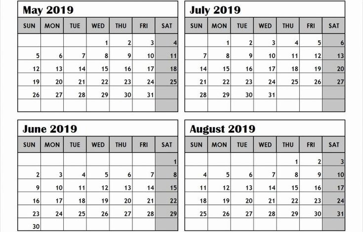 Printable Calendar 4 Months Per Page 2019 | Calendar