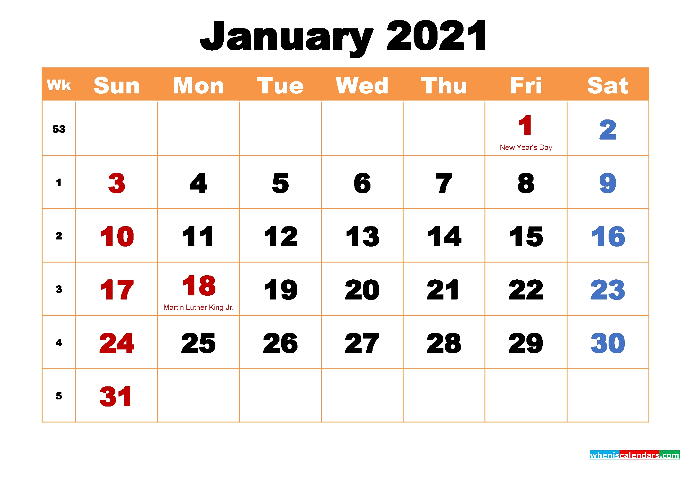 Printable Calendar For January 2021