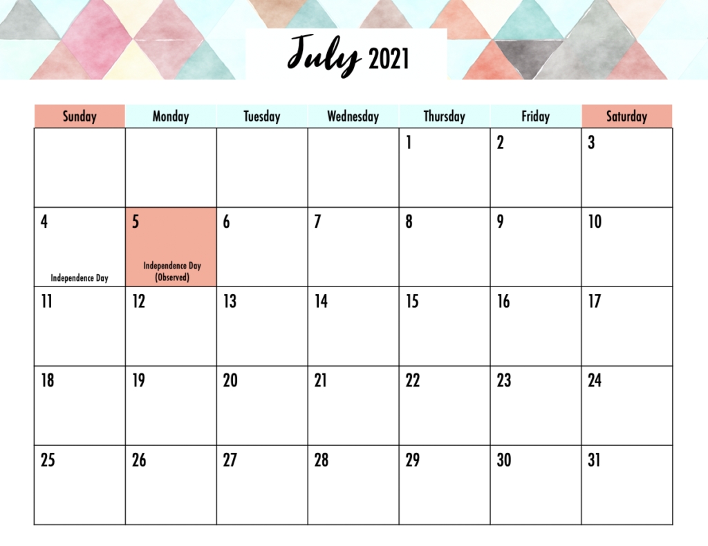 Printable Calendar July 2021 / Free July 2021 Printable