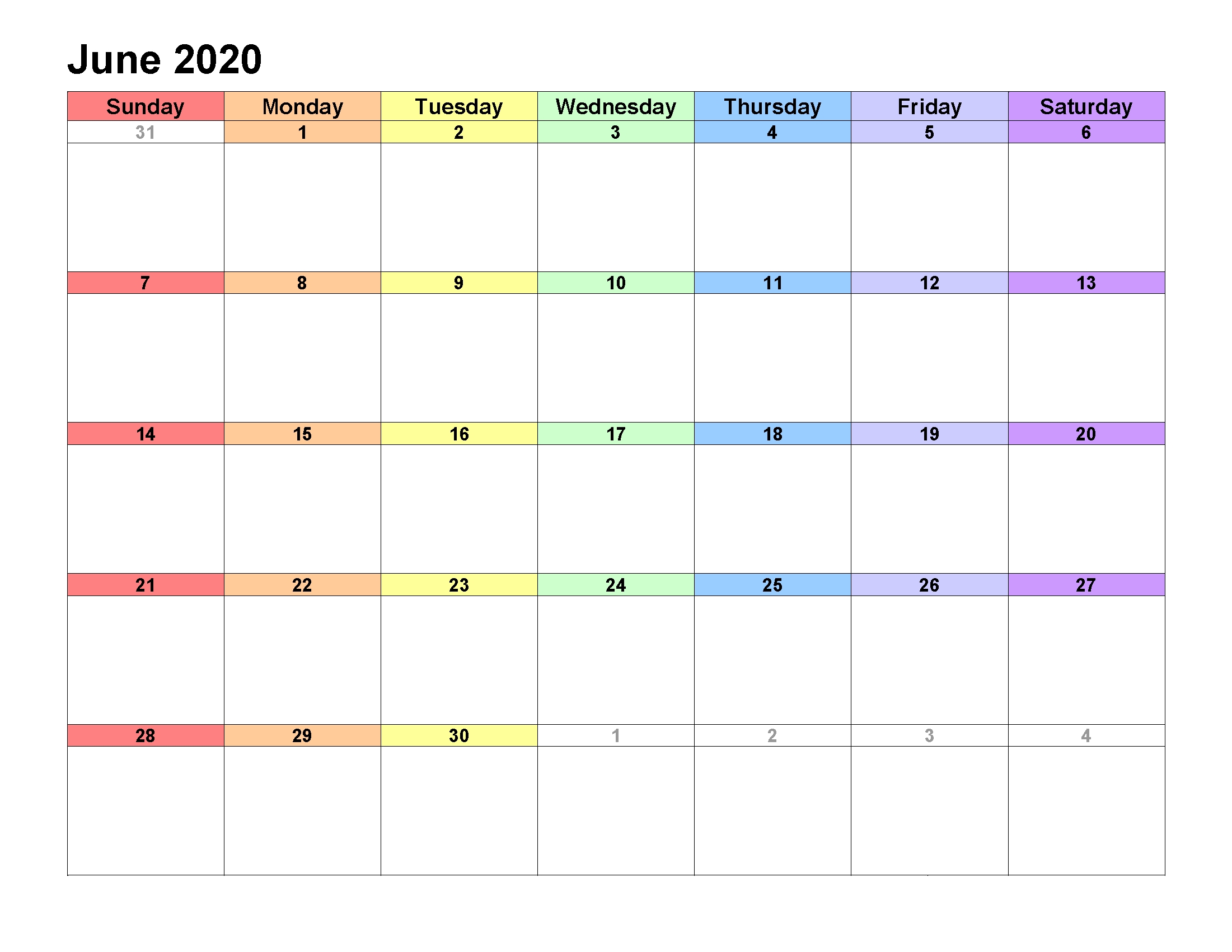 Printable Calendar Template June 2020 Calendar Landscape