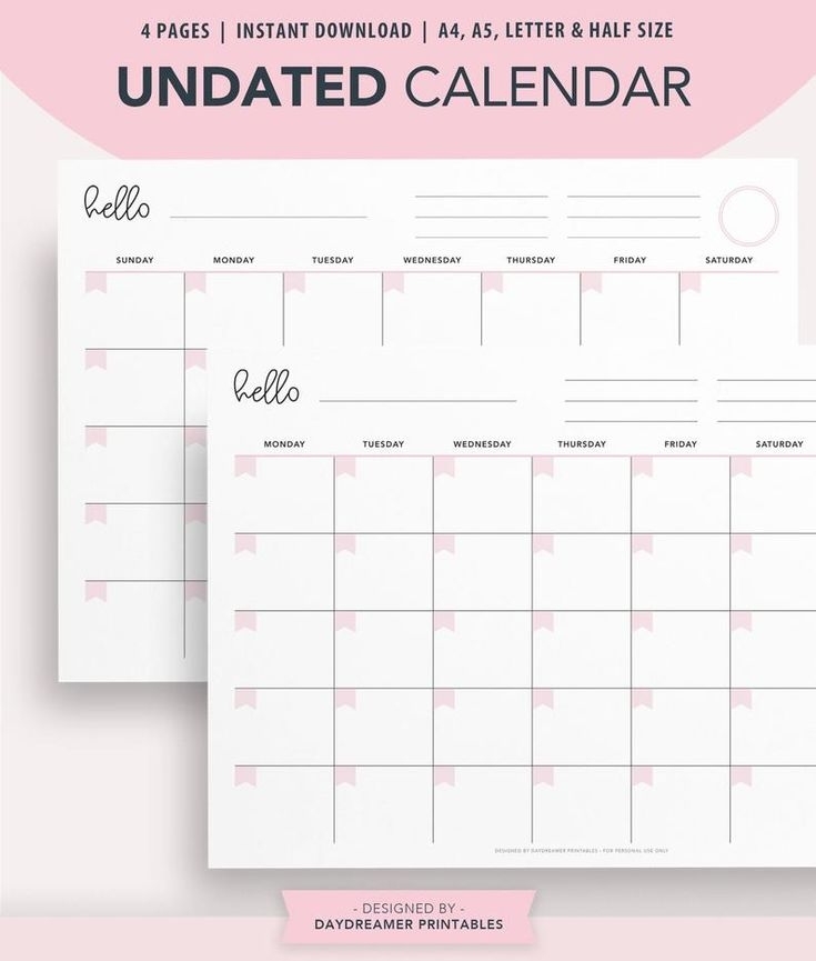 Printable Calendar Undated Desk Calendar Wall Calendar