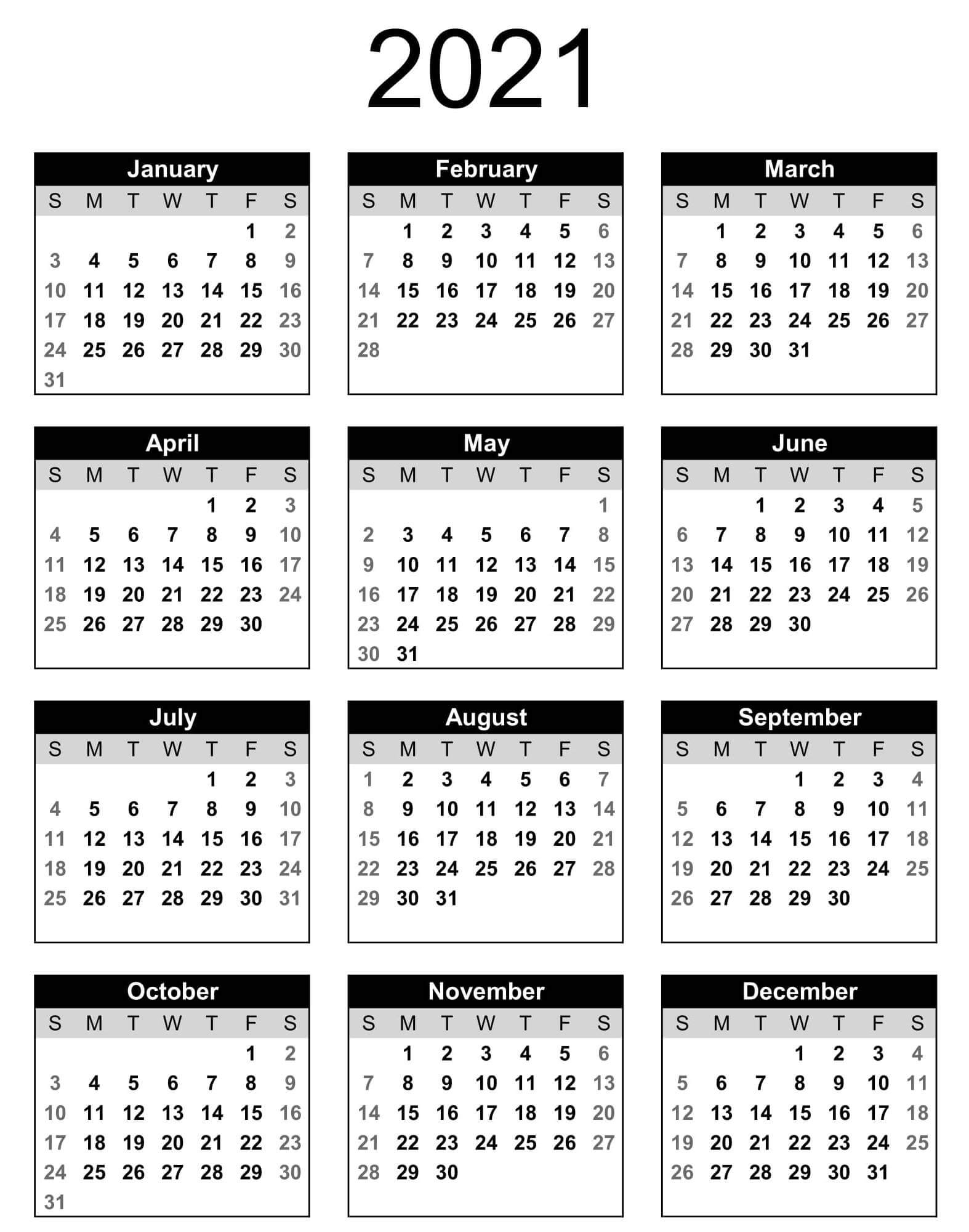 Printable Calendar Year 2021 Holidays | Free Printable