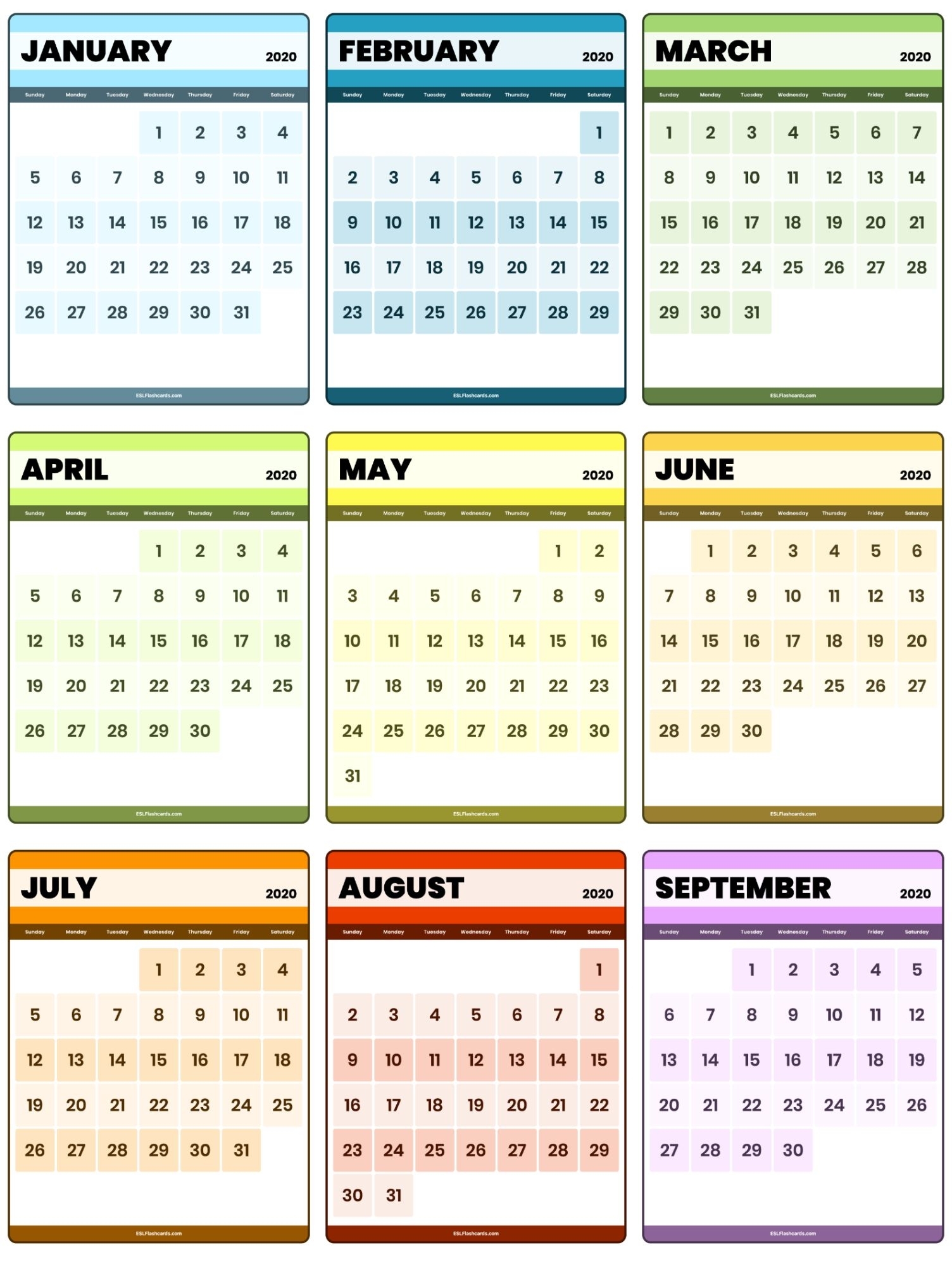 Printable Calendars - Esl Flashcards