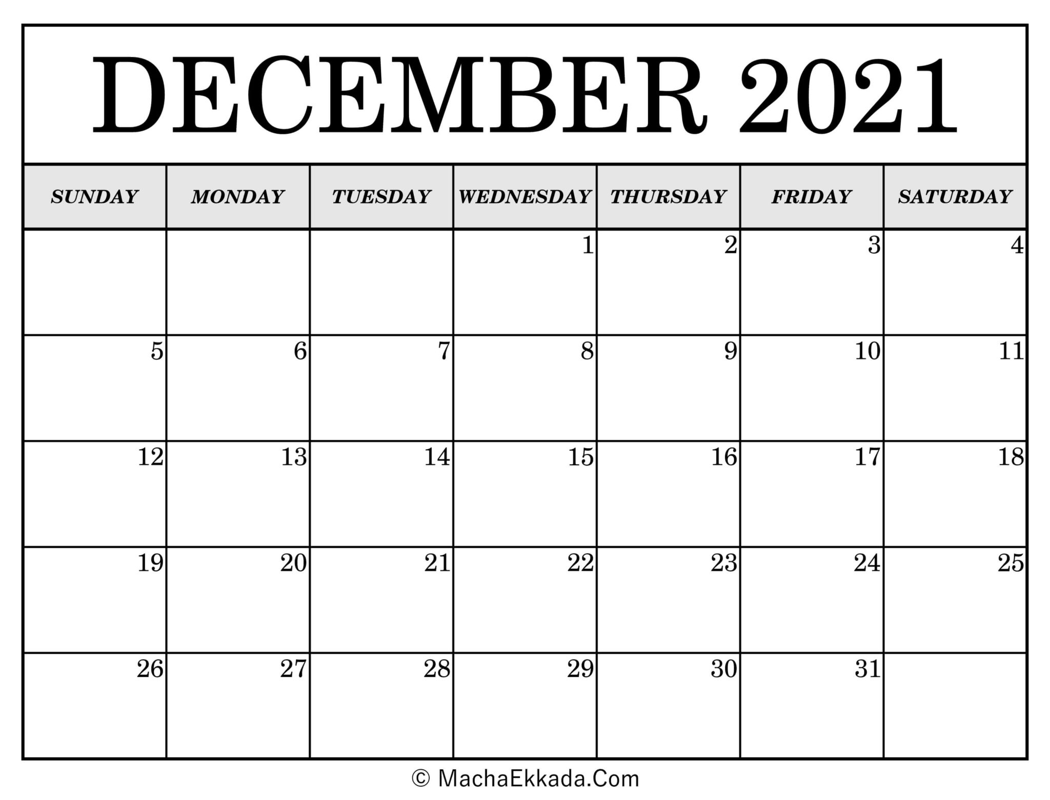 Dec 2021 Printable Month Calendar | Month Calendar Printable