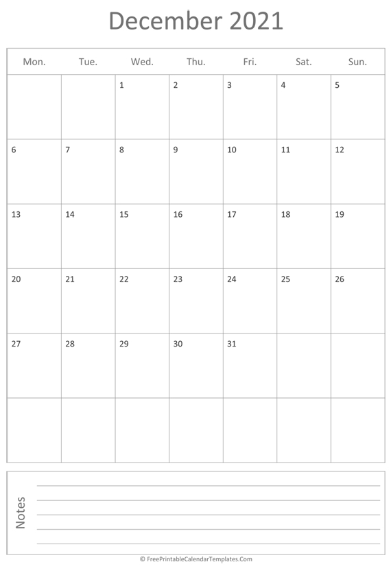 Printable December Calendar 2021 (Vertical)