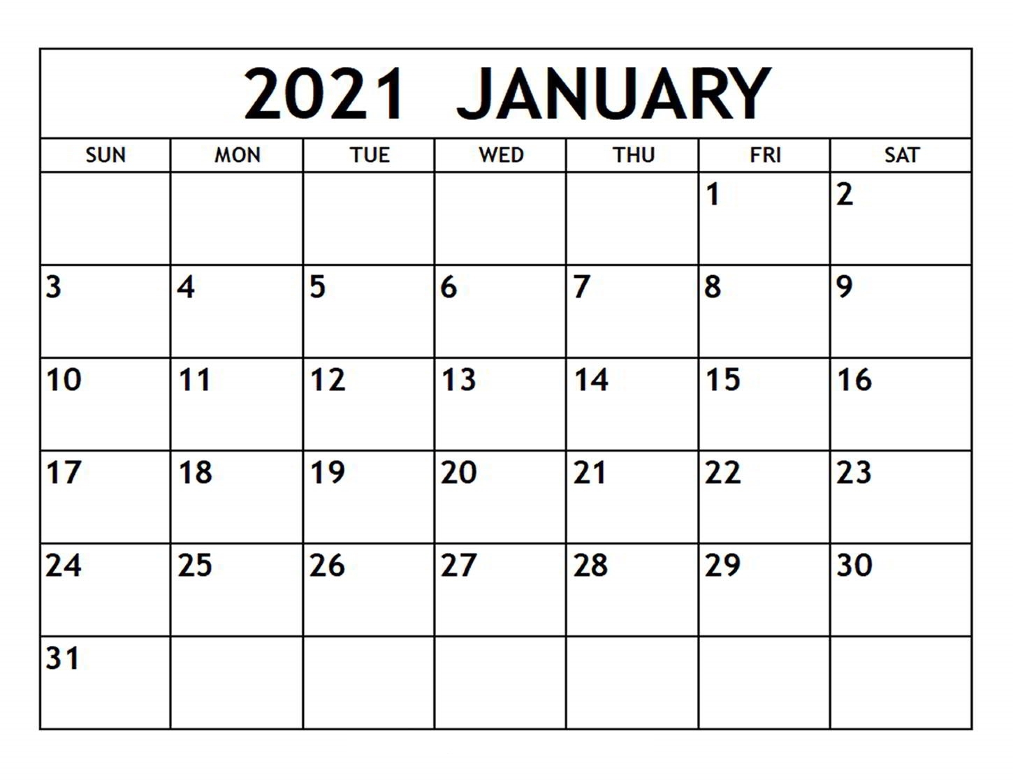 Printable January 2021 Calendar Template | Zudocalendrio