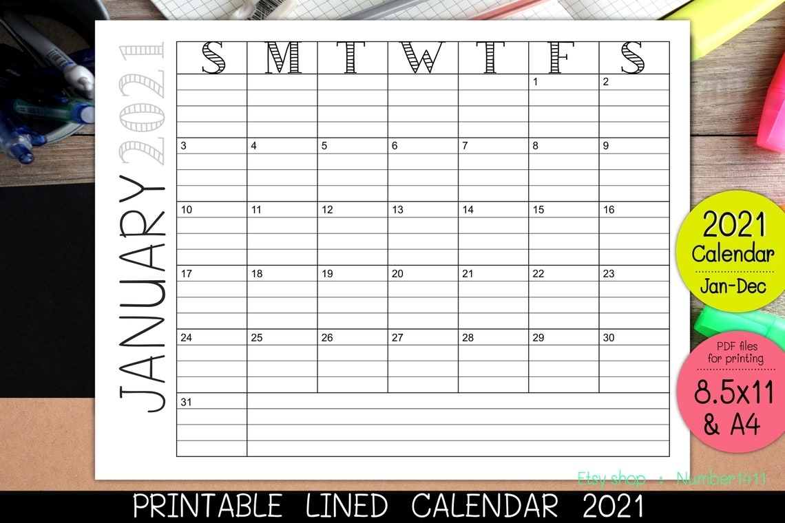 Printable Lined Calendar 2021 L 2021 Monthly Planner L