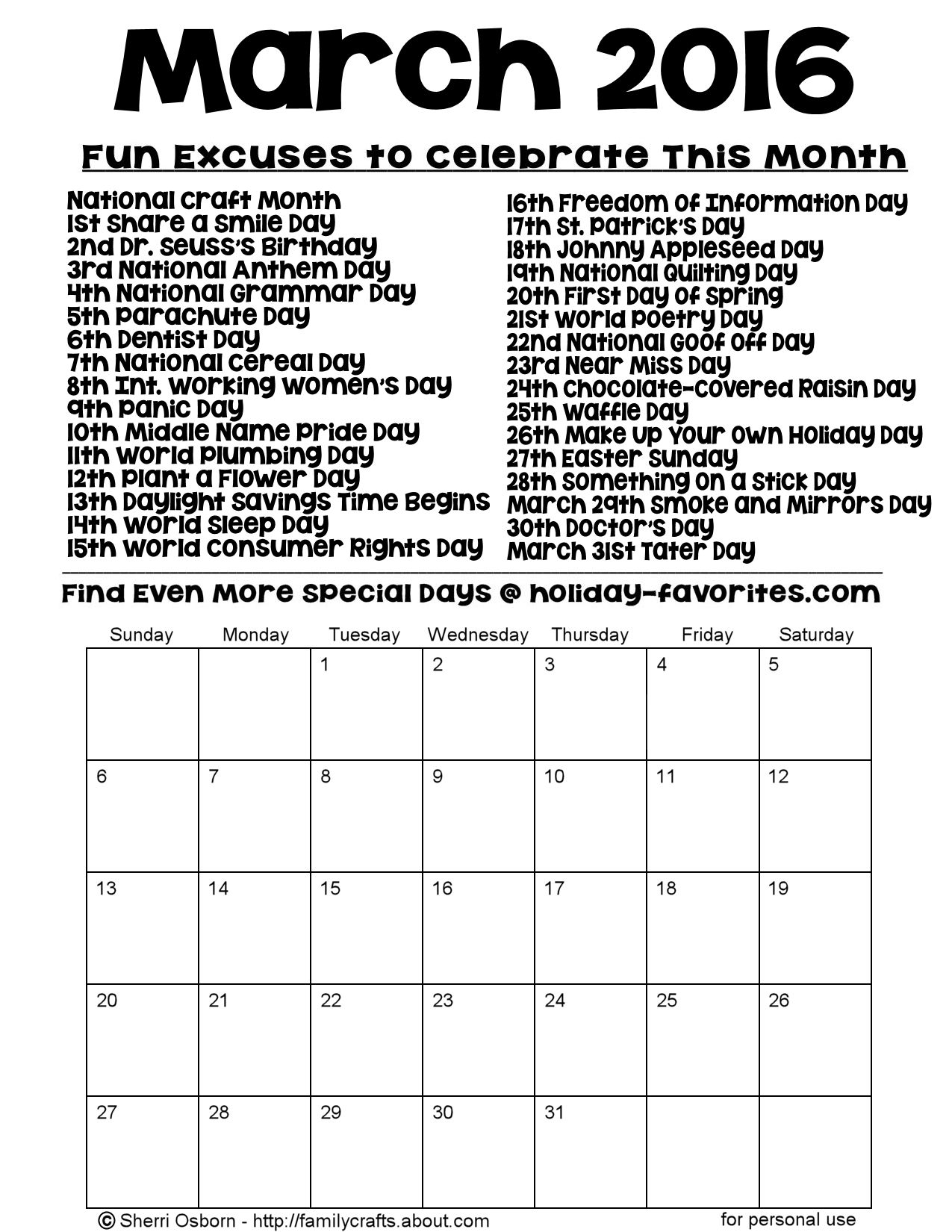 Printable March 2016 Calendarsholiday Favorites