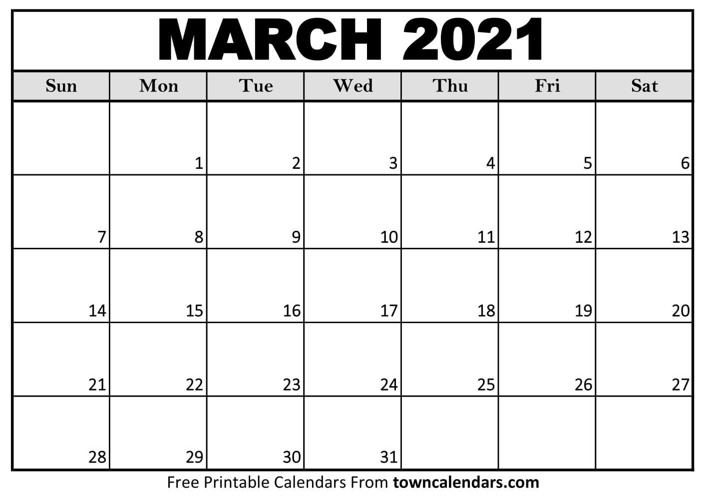 Printable March 2021 Calendar - Towncalendars