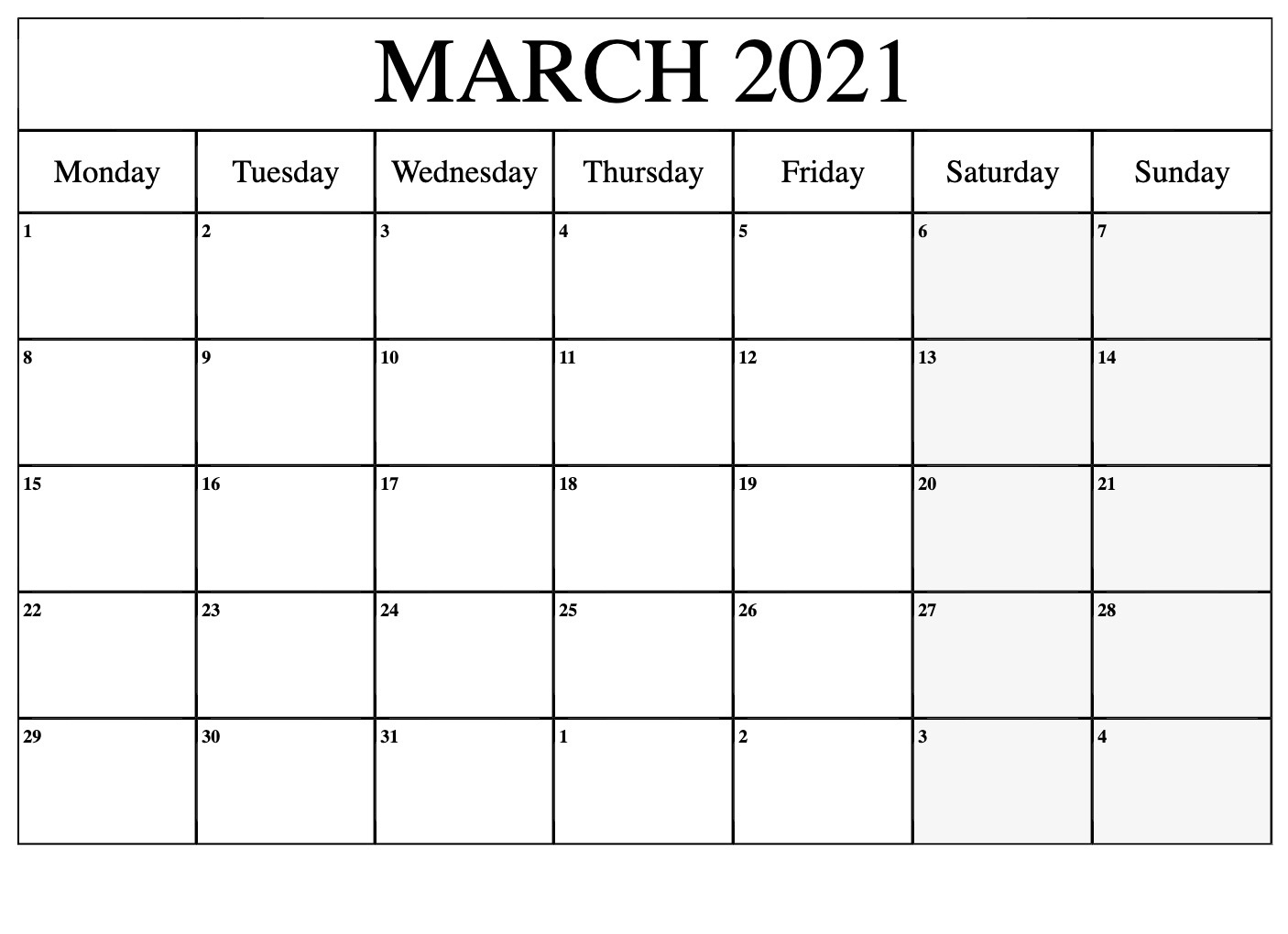 Printable March 2021 Calendar - Zhudamodel