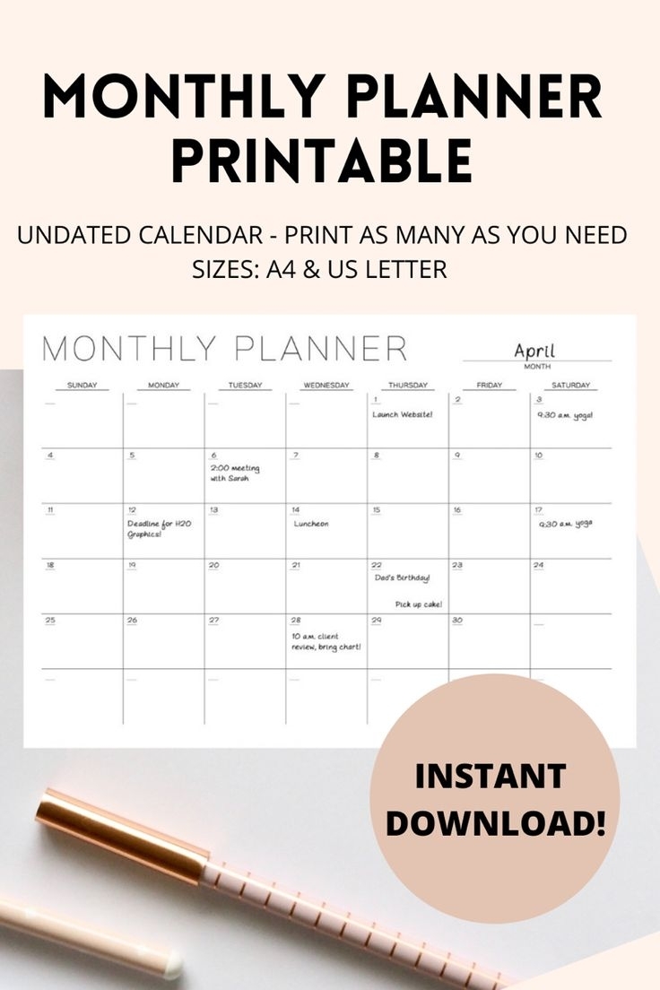 Printable Monthly Calendar Undated Minimalist Planner 2021