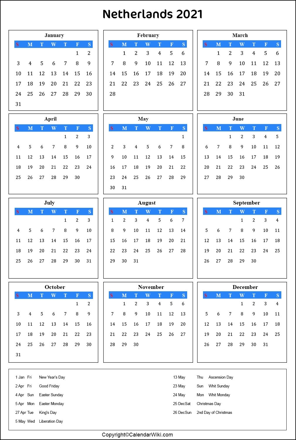 Printable Netherlands Calendar 2021 With Holidays [Public