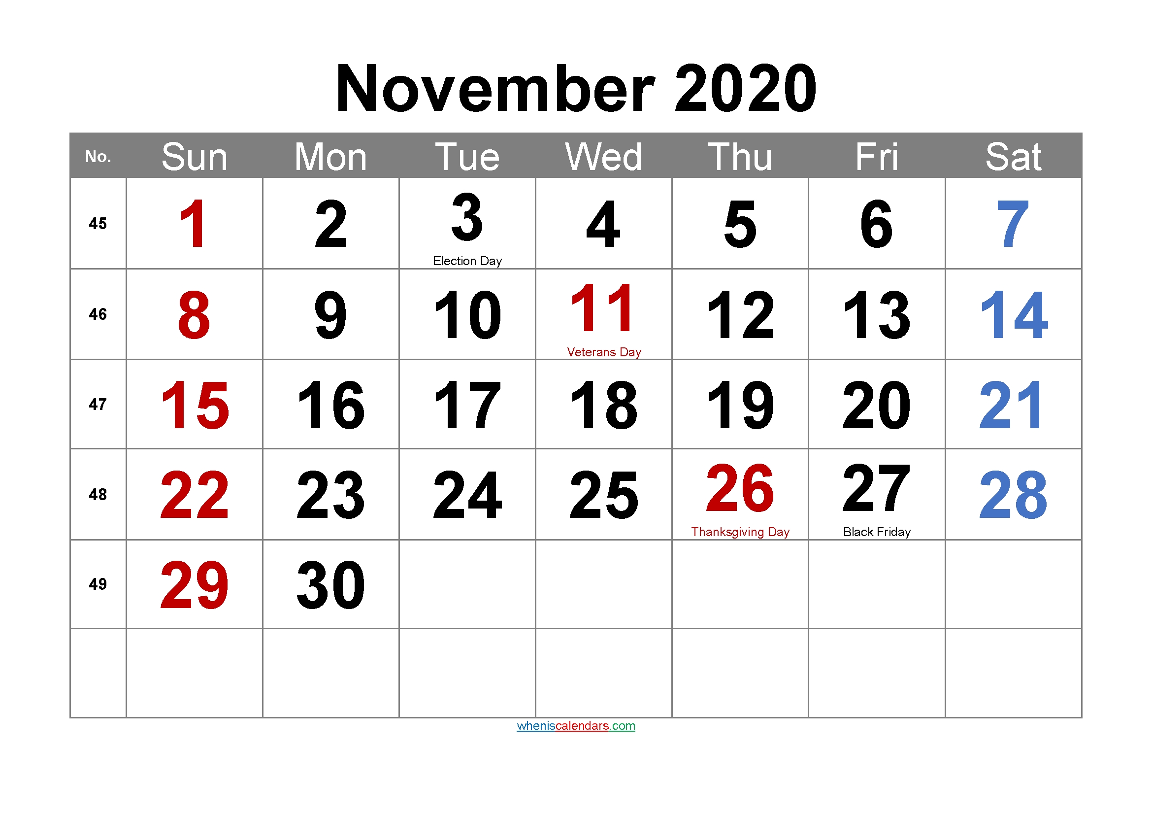 Printable November 2020 Calendar With Holidays