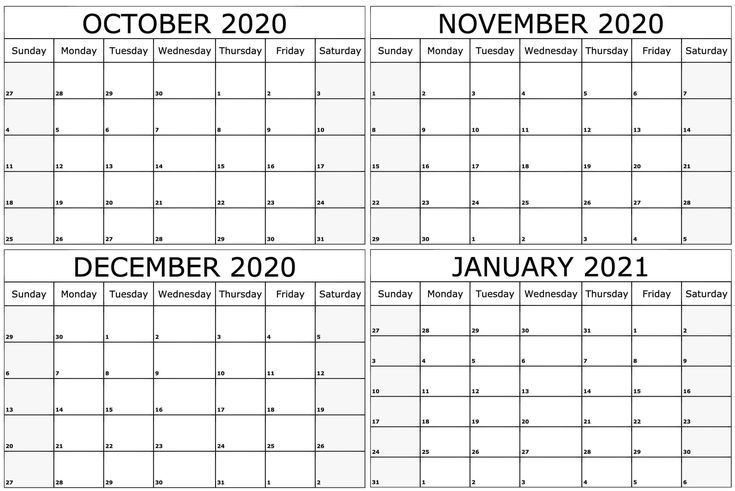 Printable October 2020 To January 2021 Calendar | 2021