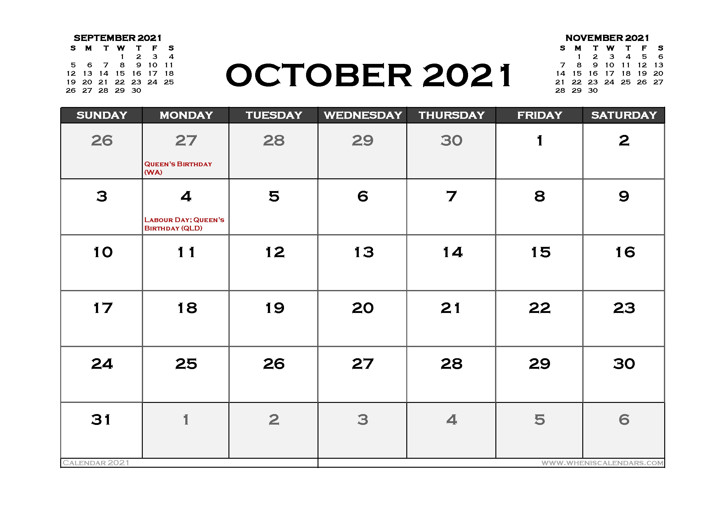 Printable October 2021 Calendar Australia