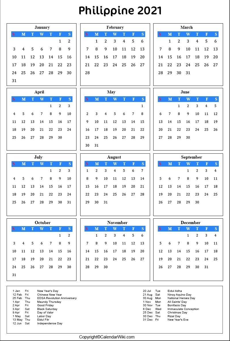 Printable Philippines Calendar 2021 With Holidays [Public