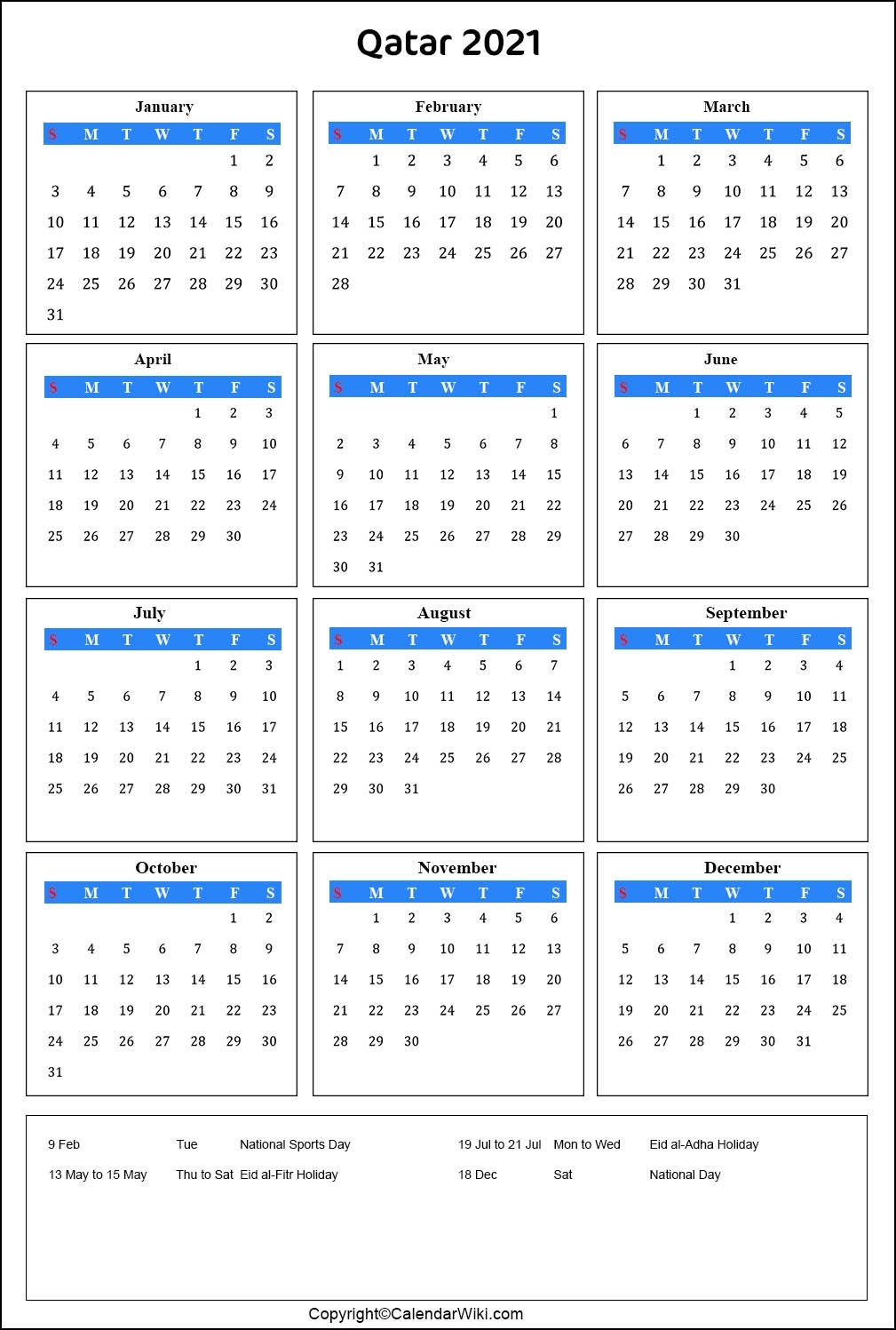 Printable Qatar Calendar 2021 With Holidays [Public Holidays]