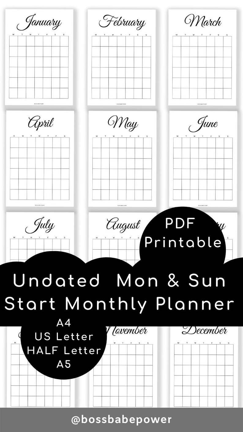 Printable Undated Monthly Calendar Us Letter A4 A5 Half | Etsy