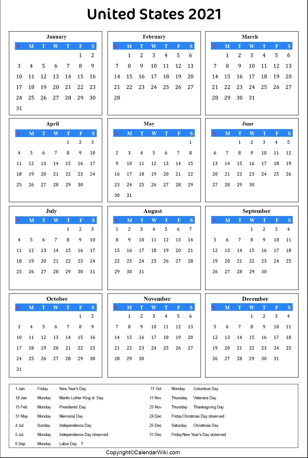 Printable Us Calendar 2021 With Holidays [Public Holidays]