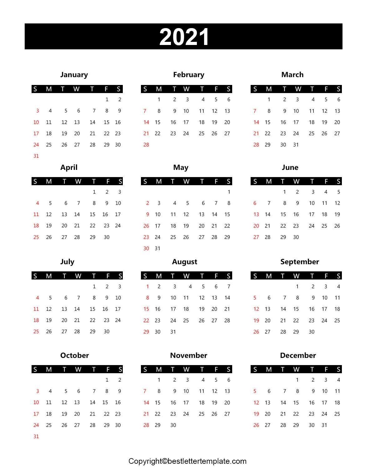 Printable Yearly 2021 Calendar Template In Pdf, Word &amp; Excel