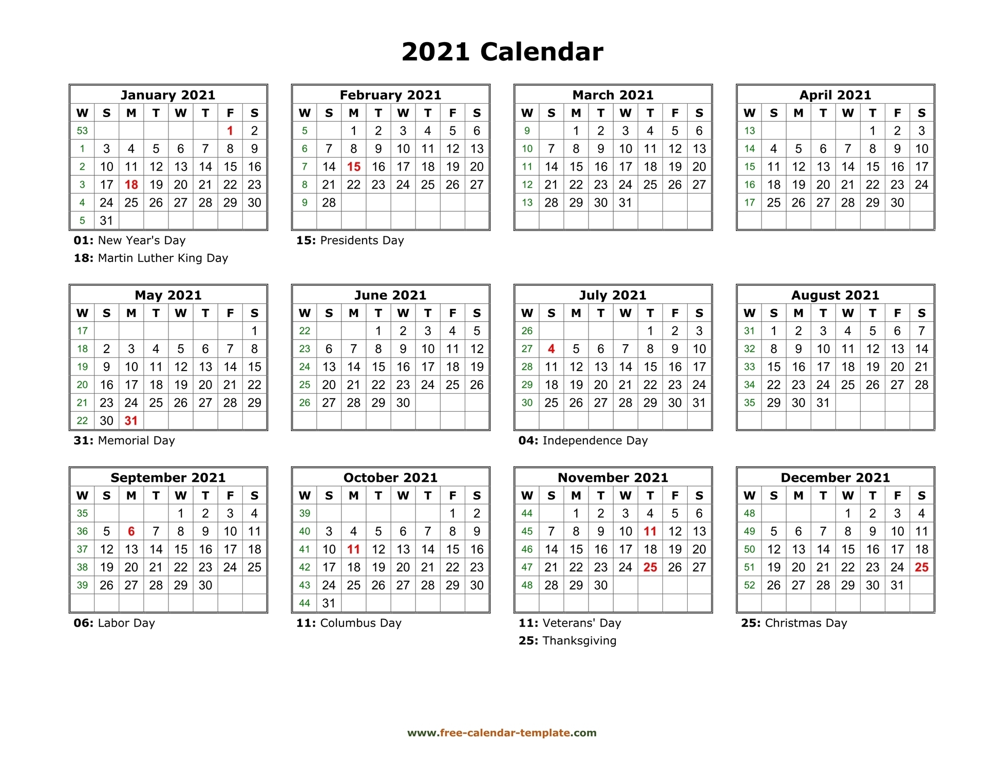 Printable Yearly Calendar 2021 | Free-Calendar-Template