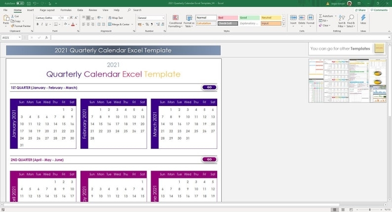 Quarterly Calendar 2021 Excel Template Planner Spreadsheet