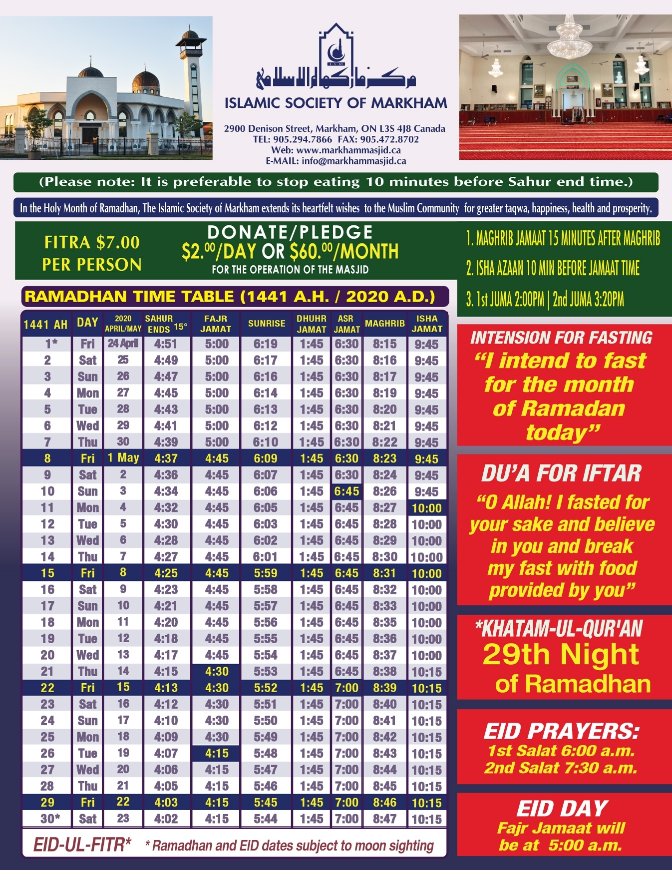 Ramadan Calendar 2020 - Islamic Society Of Markham